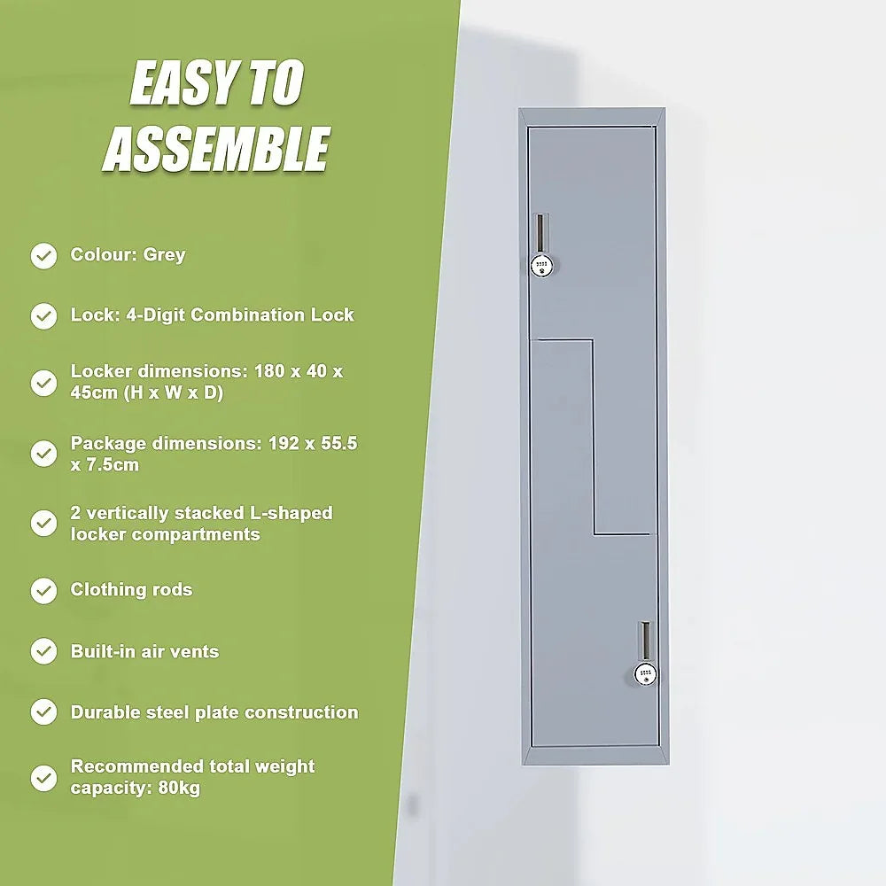 Grey Two-Door L-shaped Office Gym Shed Storage Lockers - Mekamart Australia