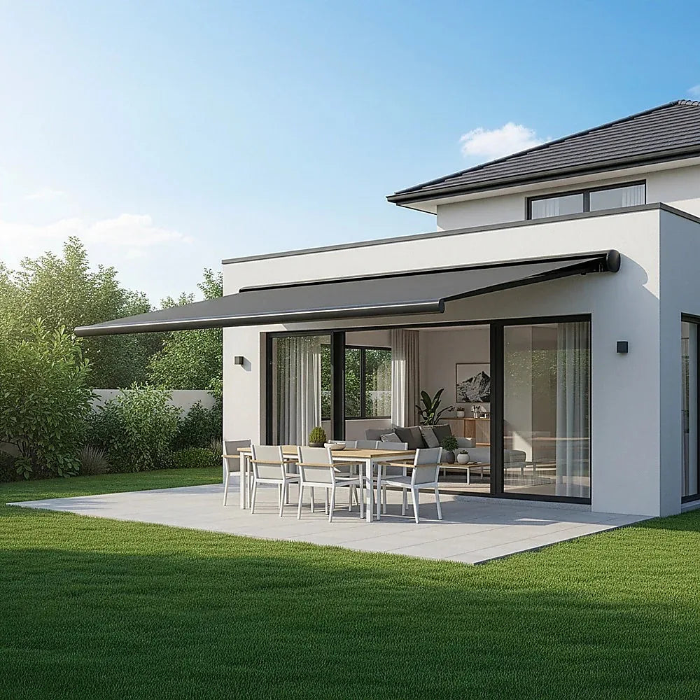 5.5m x 3.0m Retractable Folding Arm Awning Heavy Duty Full Cassette Motorised - Mekamart Australia