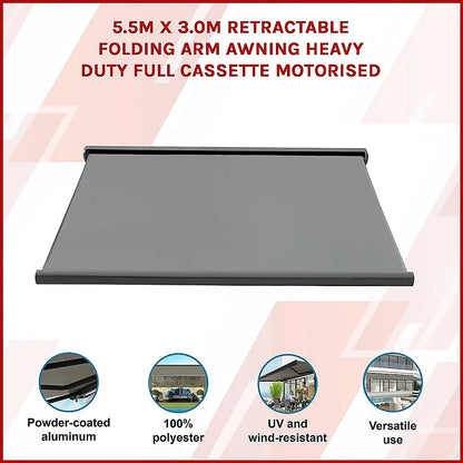 5.5m x 3.0m Retractable Folding Arm Awning Heavy Duty Full Cassette Motorised - Mekamart Australia