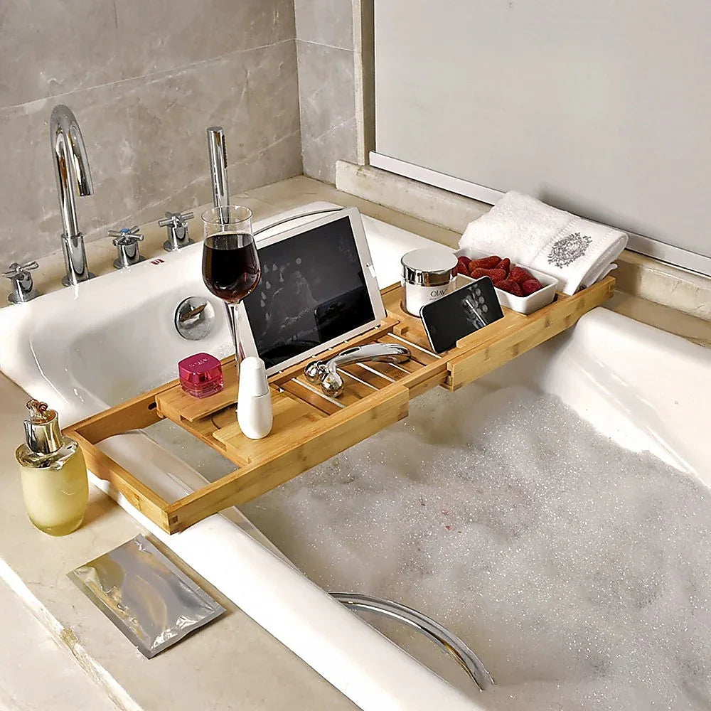 Bathroom Bamboo Bath Caddy Wine Glass Holder Table Tray Bathtub Rack Soap Shelf - Mekamart Australia