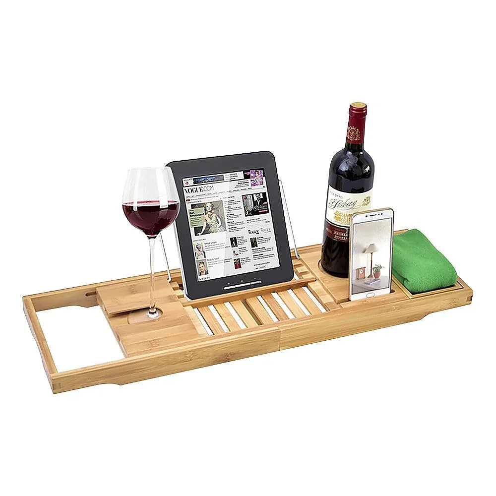 Bathroom Bamboo Bath Caddy Wine Glass Holder Table Tray Bathtub Rack Soap Shelf - Mekamart Australia