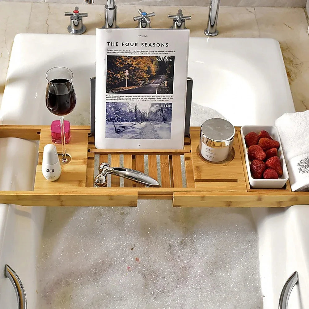 Bathroom Bamboo Bath Caddy Wine Glass Holder Table Tray Bathtub Rack Soap Shelf - Mekamart Australia
