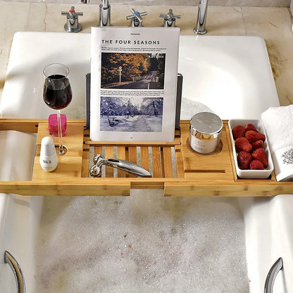 Bathroom Bamboo Bath Caddy Wine Glass Holder Table Tray Bathtub Rack Soap Shelf - Mekamart Australia