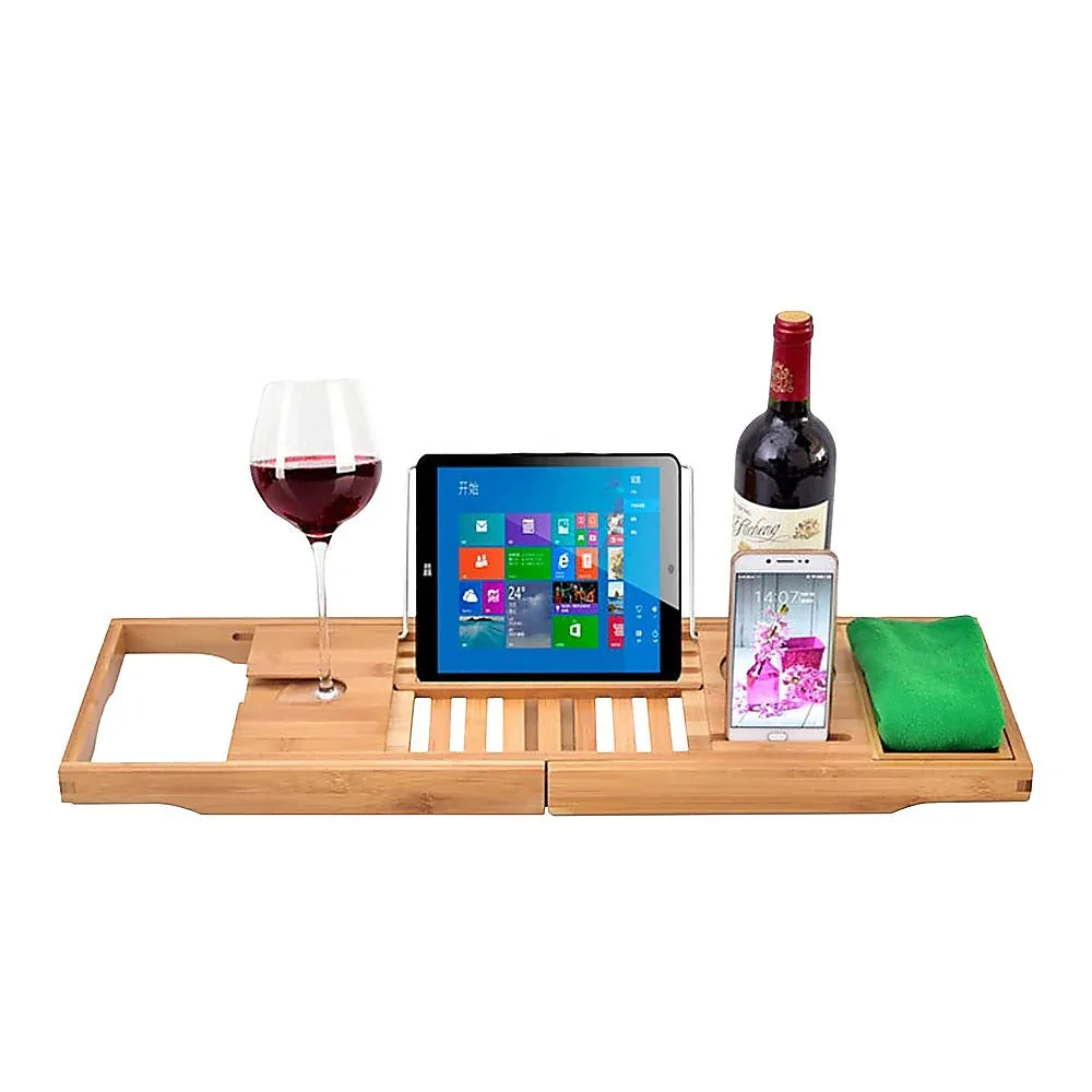 Bathroom Bamboo Bath Caddy Wine Glass Holder Table Tray Bathtub Rack Soap Shelf - Mekamart Australia