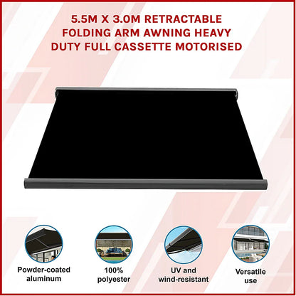 5.5m x 3.0m Retractable Folding Arm Awning Heavy Duty Full Cassette Motorised - Mekamart Australia