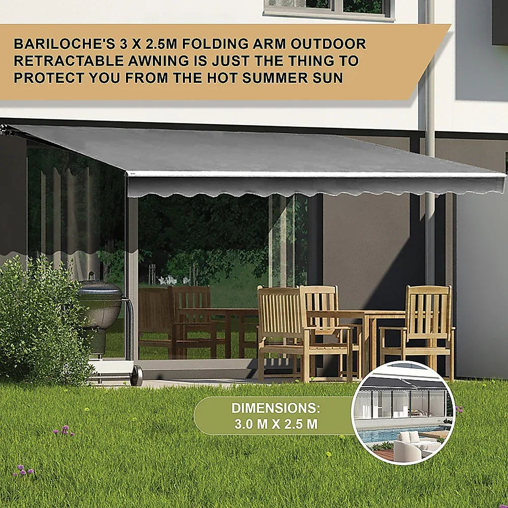 Outdoor Folding Arm Awning Retractable Sunshade Canopy Grey 3.0m x 2.5m - Mekamart Australia