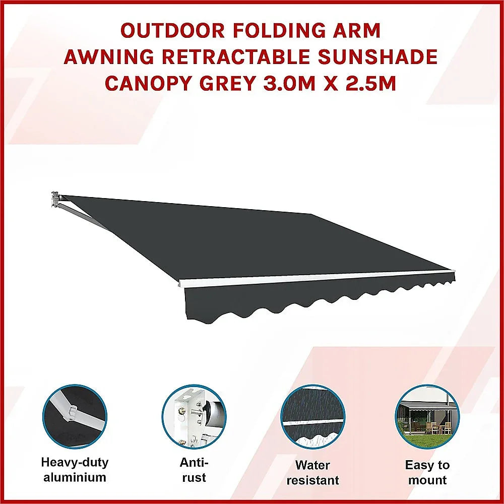 Outdoor Folding Arm Awning Retractable Sunshade Canopy Grey 3.0m x 2.5m - Mekamart Australia