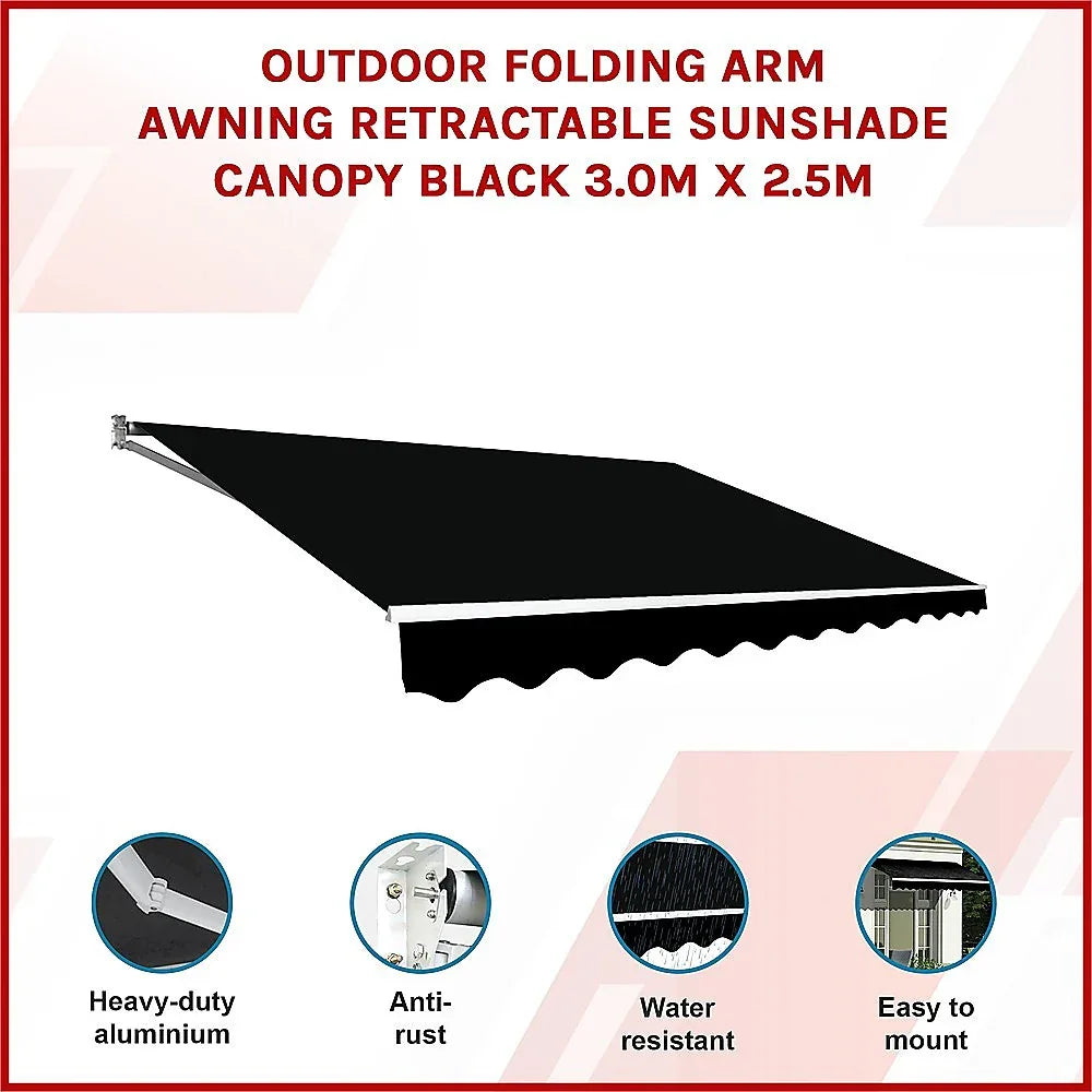 Outdoor Folding Arm Awning Retractable Sunshade Canopy Black 3.0m x 2.5m - Mekamart Australia