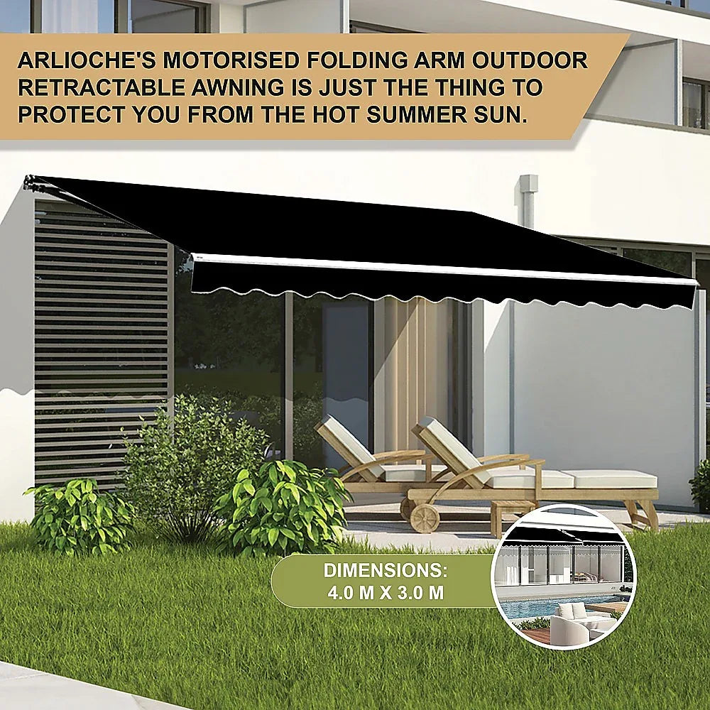 Outdoor Folding Arm Awning Retractable Sunshade Canopy Black 4.0m x 3.0m - Mekamart Australia