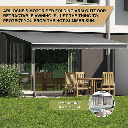 Outdoor Folding Arm Awning Retractable Sunshade Canopy Grey 5.0m x 3.0m - Mekamart Australia