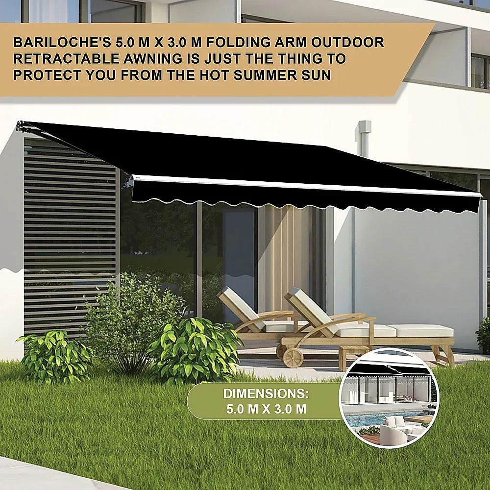 Outdoor Folding Arm Awning Retractable Sunshade Canopy Black 5.0m x 3.0m - Mekamart Australia