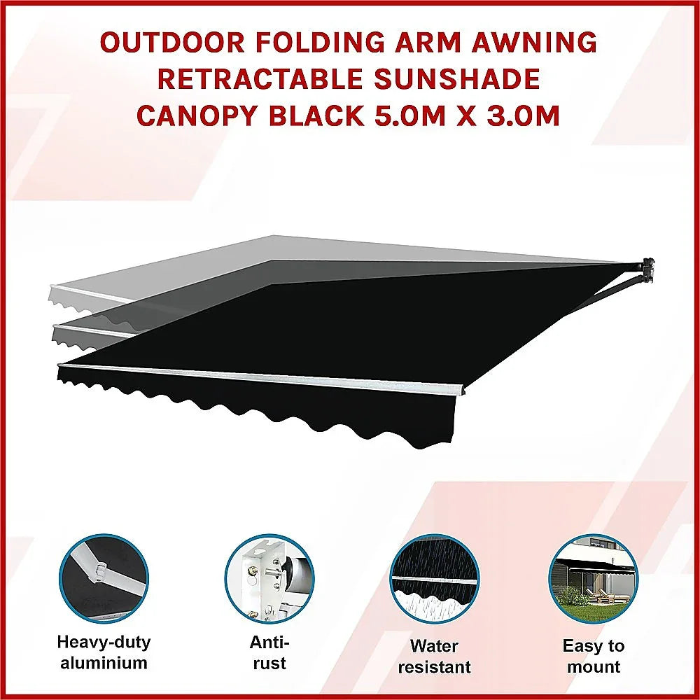 Outdoor Folding Arm Awning Retractable Sunshade Canopy Black 5.0m x 3.0m - Mekamart Australia