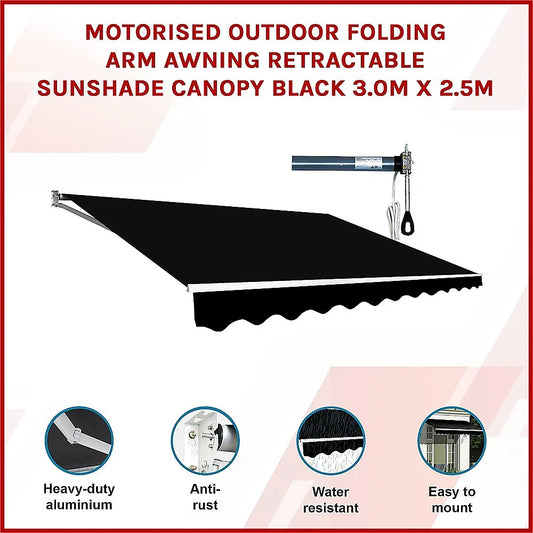Motorised Outdoor Folding Arm Awning Retractable Sunshade Canopy Black 3.0m x 2.5m - Mekamart Australia