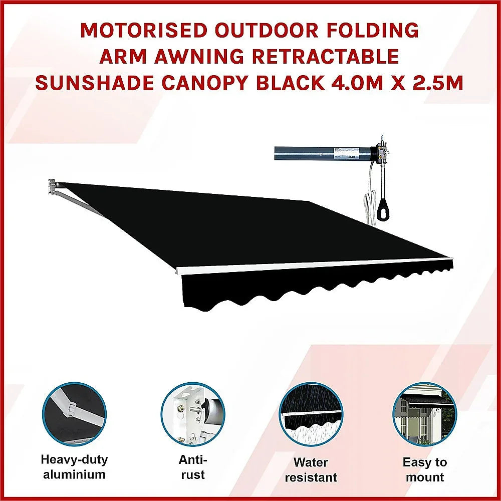 Motorised Outdoor Folding Arm Awning Retractable Sunshade Canopy Black 4.0m x 2.5m - Mekamart Australia