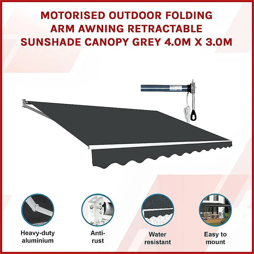 Motorised Outdoor Folding Arm Awning Retractable Sunshade Canopy Grey 4.0m x 3.0m - Mekamart Australia