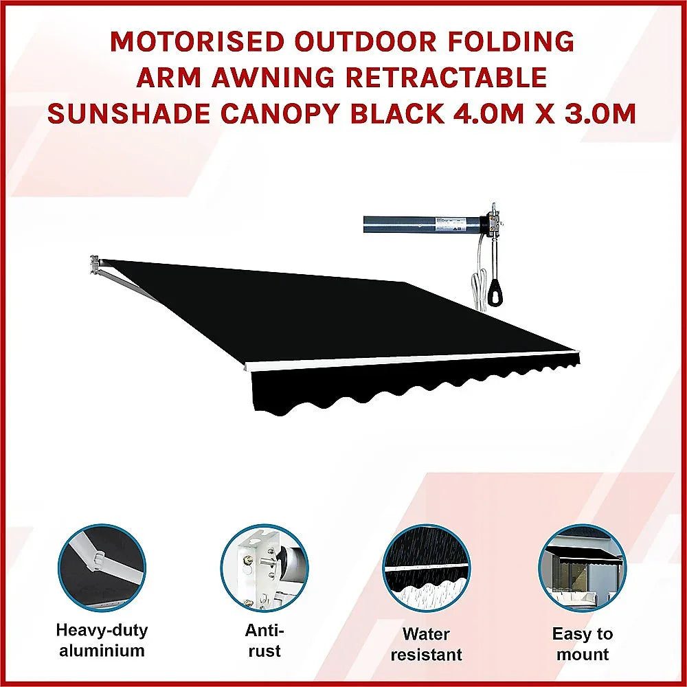 Motorised Outdoor Folding Arm Awning Retractable Sunshade Canopy Black 4.0m x 3.0m - Mekamart Australia