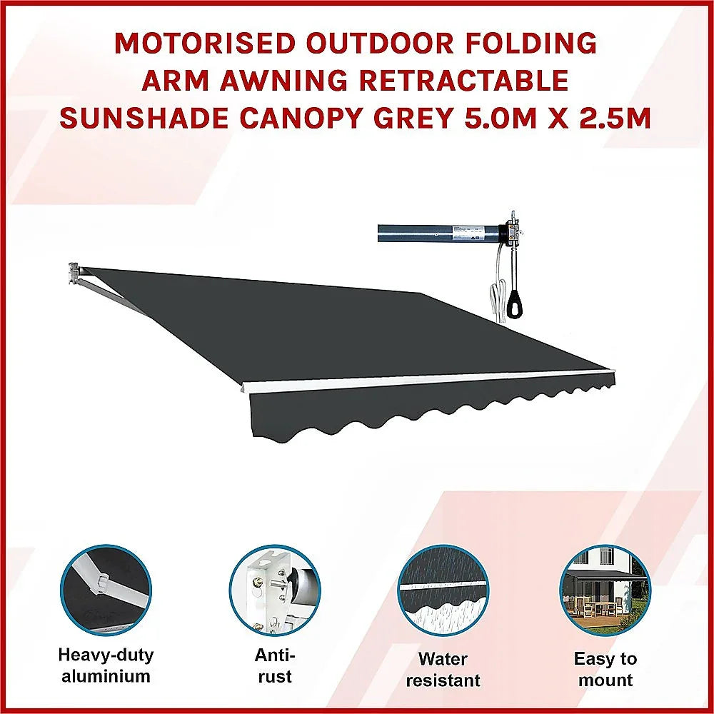 Motorised Outdoor Folding Arm Awning Retractable Sunshade Canopy Grey 5.0m x 2.5m - Mekamart Australia