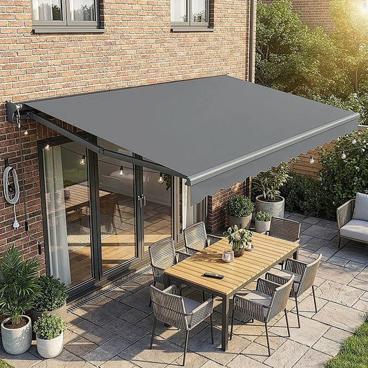 Motorised Outdoor Folding Arm Awning Retractable Sunshade Canopy Grey 5.0m x 3.0m - Mekamart Australia