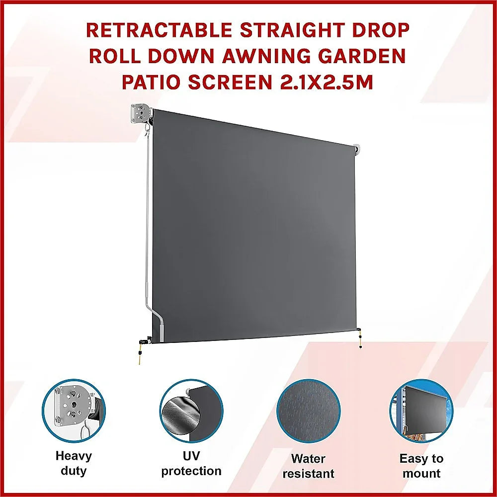 Retractable Straight Drop Roll Down Awning Garden Patio Screen 2.1X2.5M - Mekamart Australia