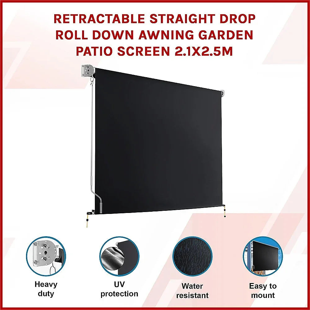 Retractable Straight Drop Roll Down Awning Garden Patio Screen 2.1X2.5M - Mekamart Australia