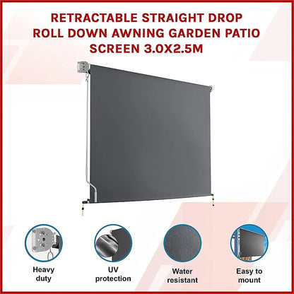 Retractable Straight Drop Roll Down Awning Garden Patio Screen 3.0X2.5M - Mekamart Australia