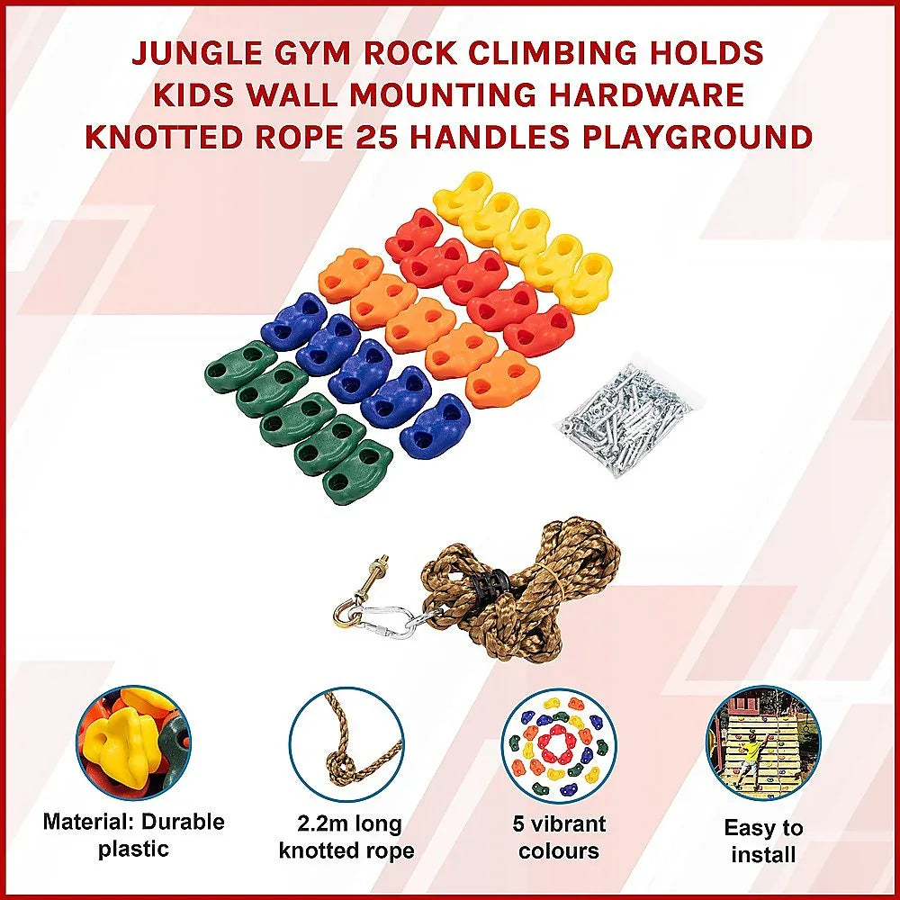 Jungle Gym Rock Climbing Holds Kids Wall Mounting Hardware Knotted Rope 25 Handles Playground - Mekamart Australia