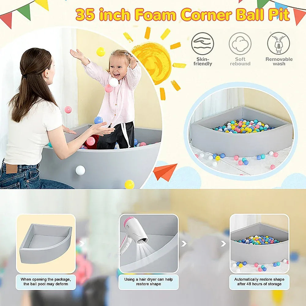 Corner Ball Pit Playpen Enclosure – Safe Grey Play Area for Babies and Toddlers, Indoor or Outdoor - Mekamart Australia