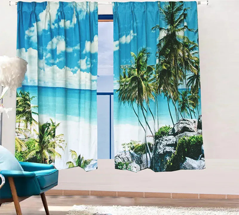 Sea View 3D Printing Blockout Curtains 2x128x160cm PINCH PLEAT Fabric Seascape - Mekamart Australia