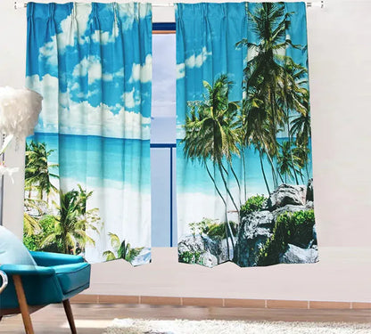 Sea View 3D Printing Blockout Curtains 2x128x160cm PINCH PLEAT Fabric Seascape - Mekamart Australia