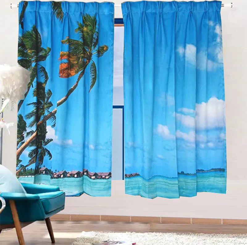 Sea View 3D Printing Blockout Curtains 2x130x160cm PINCH PLEAT Fabric Seascape - Mekamart Australia