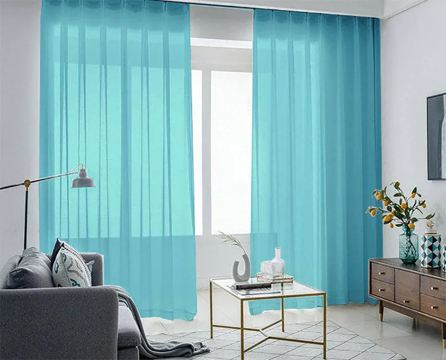 2 Long drop Sheer Voile Curtains 590cm x 270cm Drop+Hooks Pinch Pleat Lake Blue - Mekamart Australia