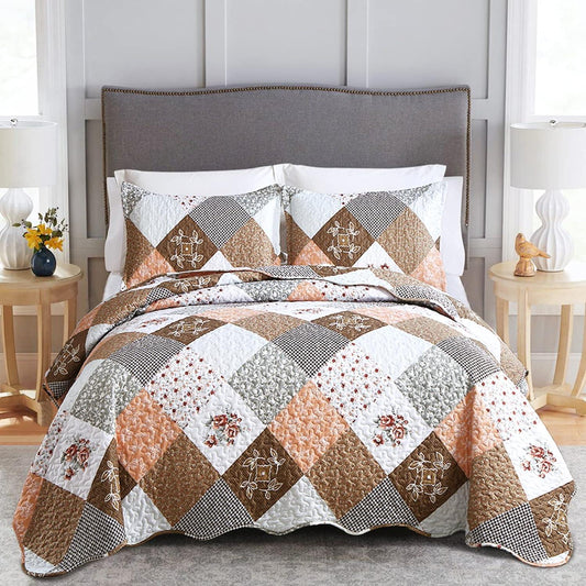 Gleaming rust brown colo patchwork 3 Pc XL Bedspread & Pillow Cover Set - Mekamart Australia