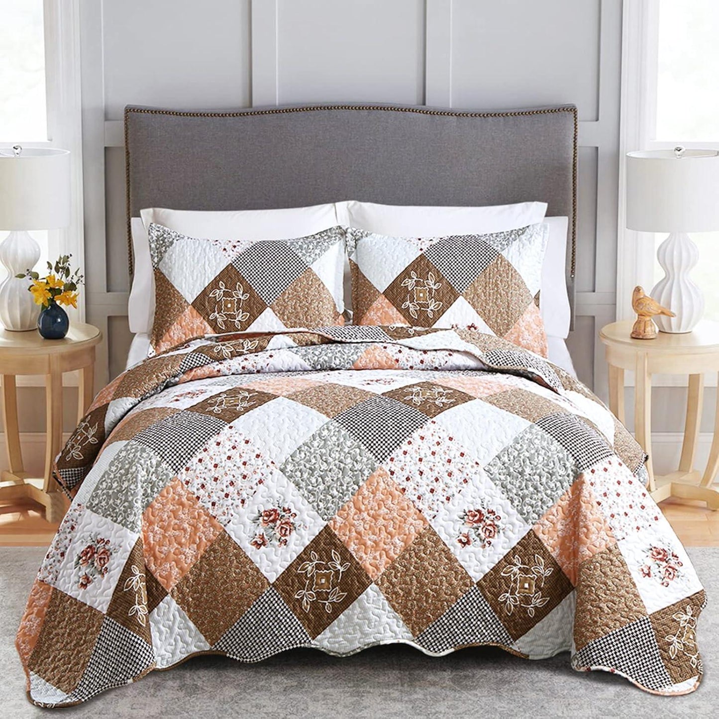 Gleaming rust brown colo patchwork 3 Pc Bedspread & Pillow Cover Set - Mekamart Australia
