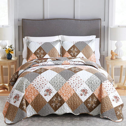 Gleaming rust brown colo patchwork 3 Pc Bedspread & Pillow Cover Set - Mekamart Australia