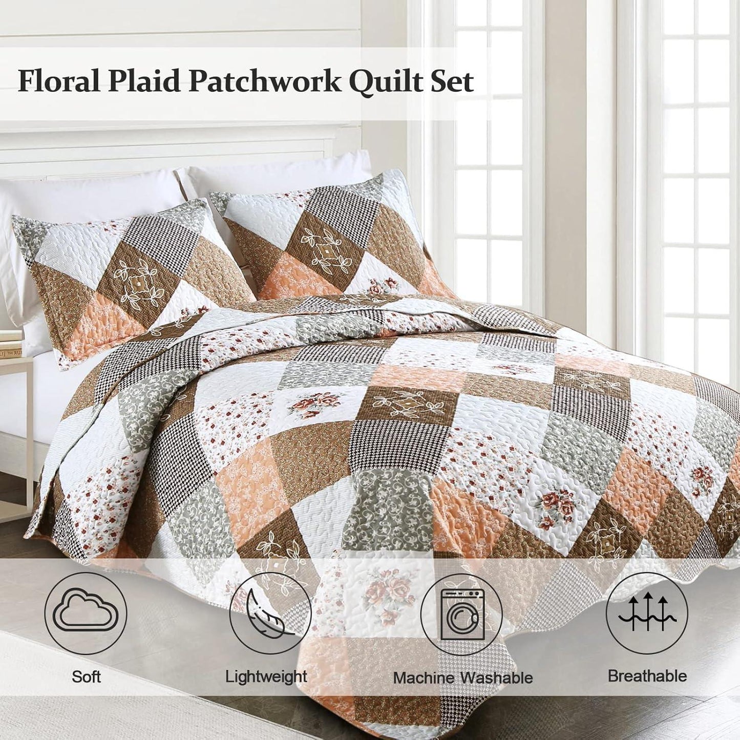 Gleaming rust brown colo patchwork 3 Pc Bedspread & Pillow Cover Set - Mekamart Australia