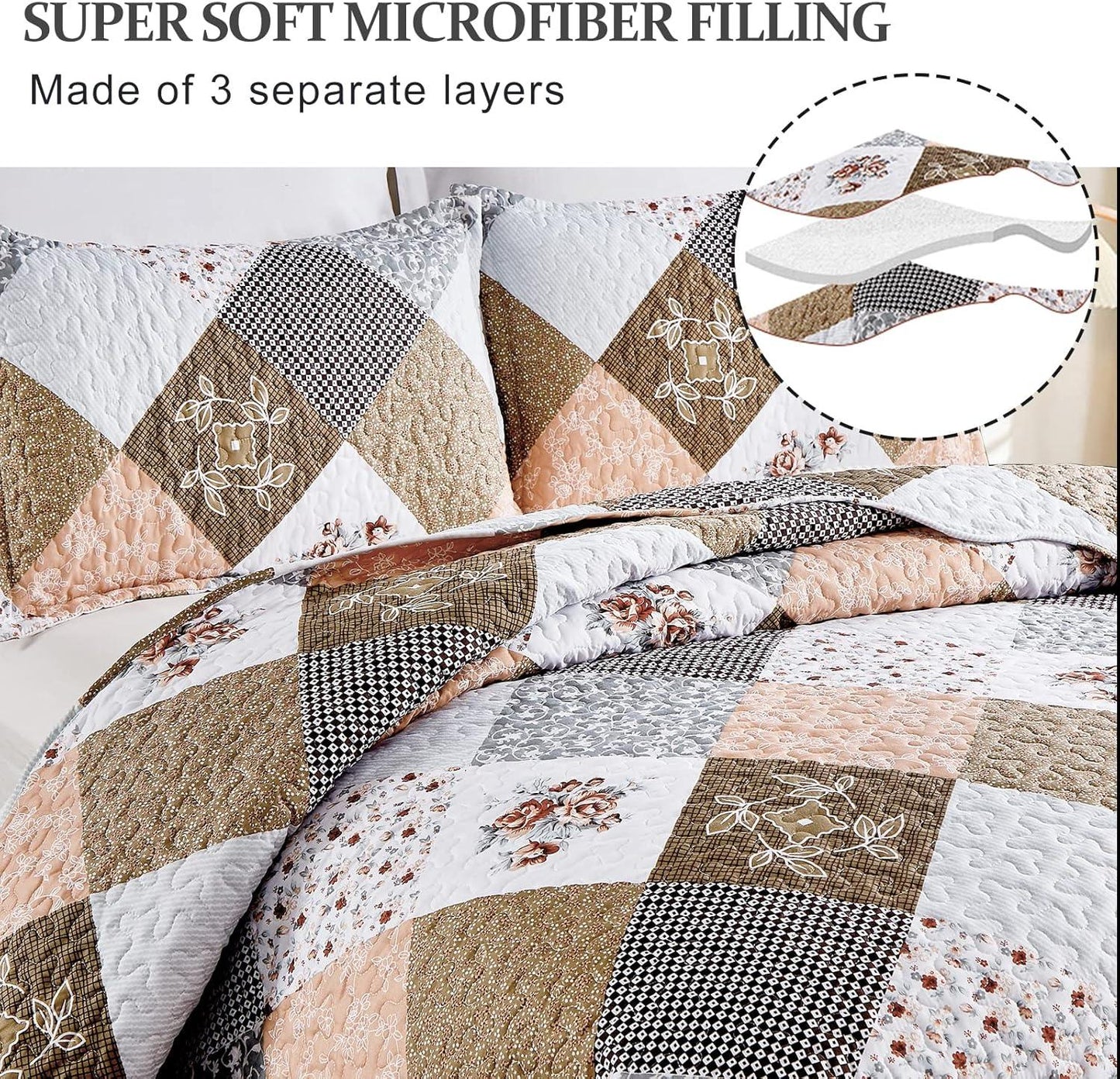 Gleaming rust brown colo patchwork 3 Pc Bedspread & Pillow Cover Set - Mekamart Australia