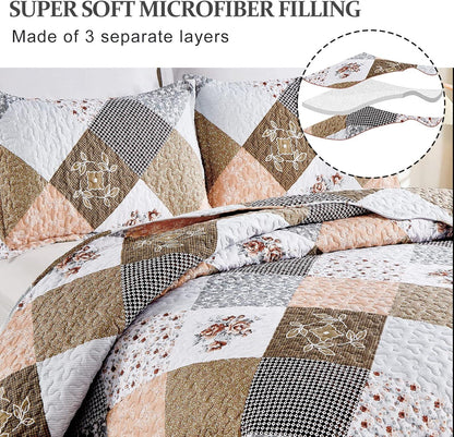 Gleaming rust brown colo patchwork 3 Pc Bedspread & Pillow Cover Set - Mekamart Australia