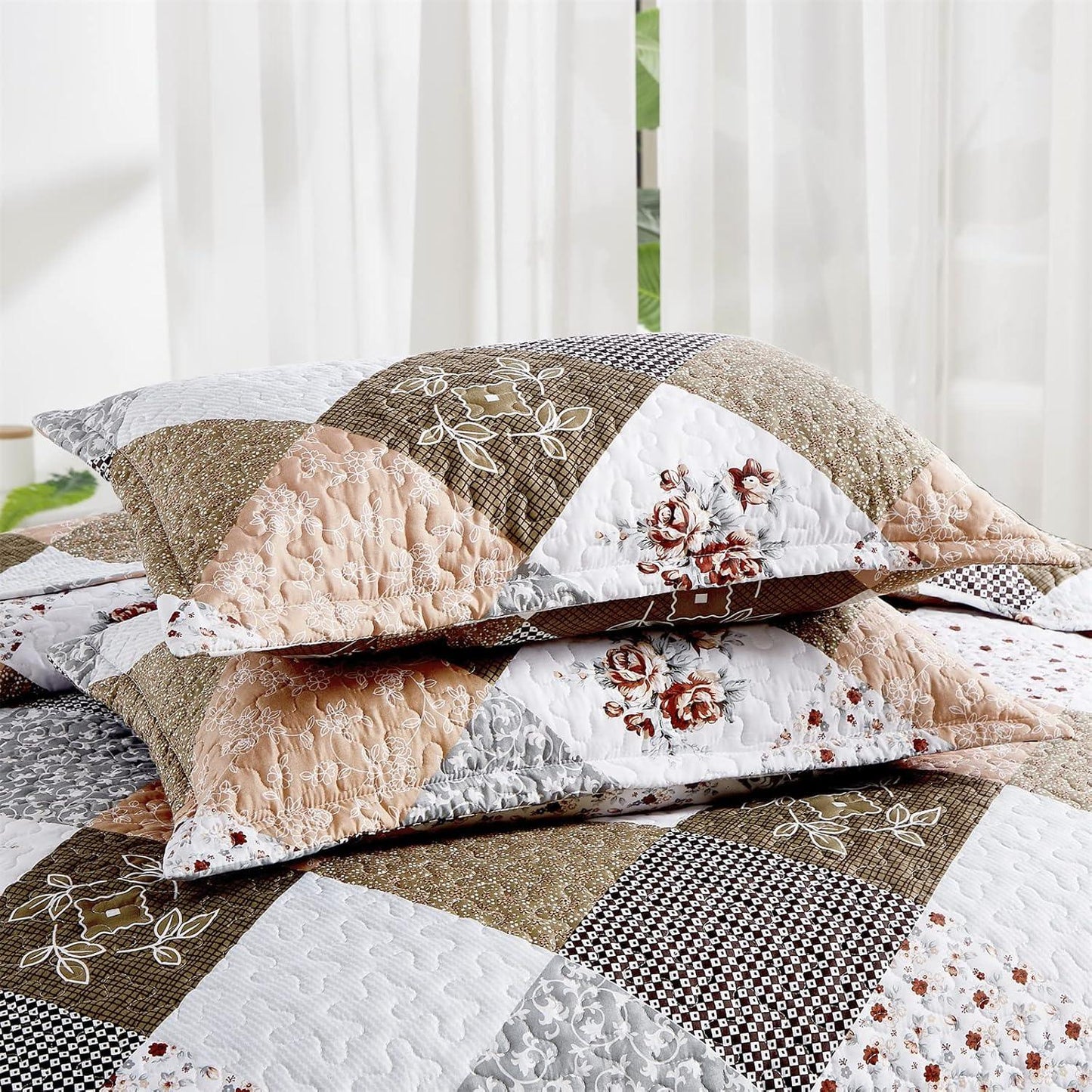 Gleaming rust brown colo patchwork 3 Pc Bedspread & Pillow Cover Set - Mekamart Australia