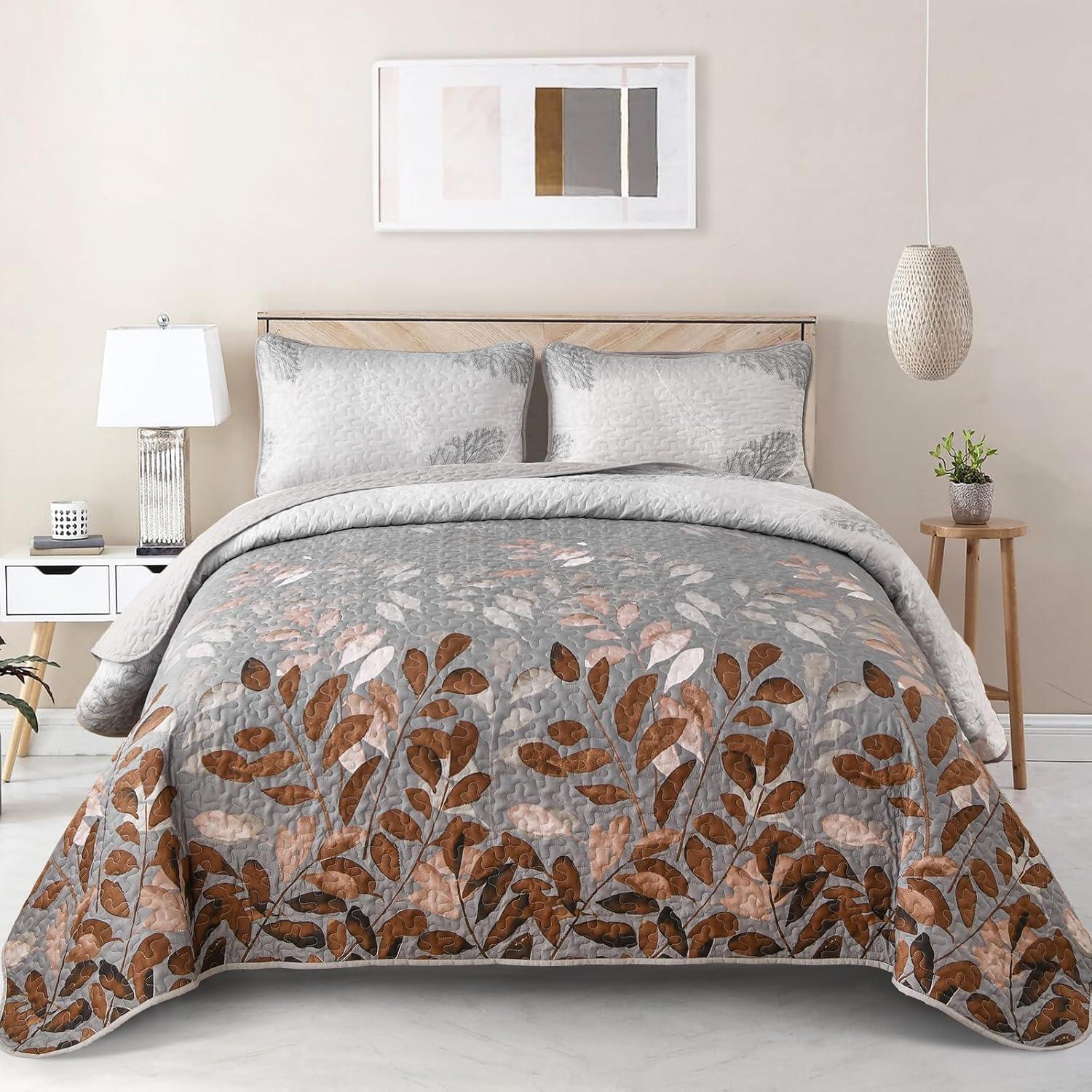 Gleaming rust grey Floral 3 Pc Bedspread & Pillow Cover Set - Mekamart Australia