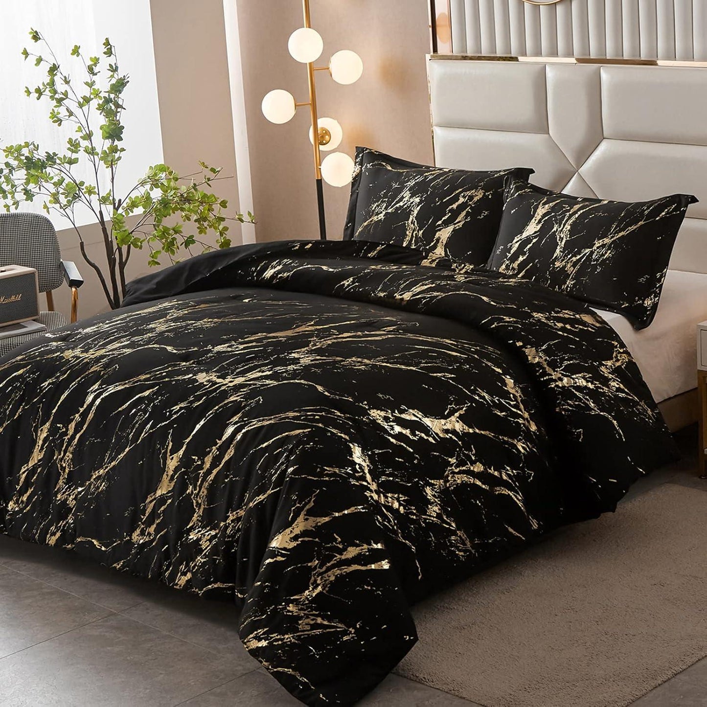 Black Gold Metallic Marble Comforter Set, King Size, Foil Print Glitter 3-Piece Bedding - Mekamart Australia