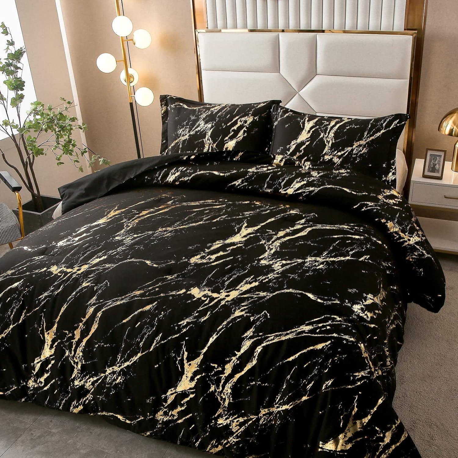 Black Gold Metallic Marble Comforter Set, King Size, Foil Print Glitter 3-Piece Bedding - Mekamart Australia