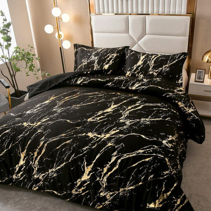 Black Gold Metallic Marble Comforter Set, King Size, Foil Print Glitter 3-Piece Bedding - Mekamart Australia