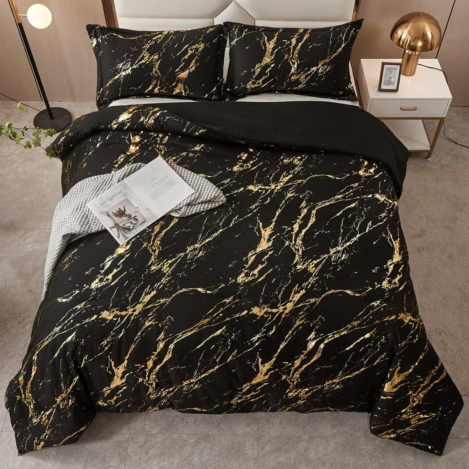 Black Gold Metallic Marble Comforter Set, King Size, Foil Print Glitter 3-Piece Bedding - Mekamart Australia