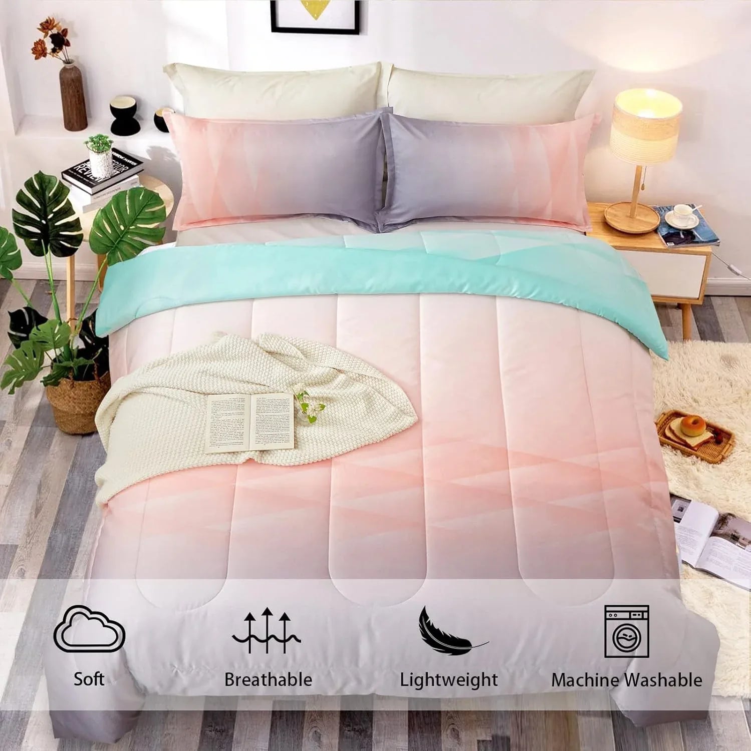 Girls Comforter Set, Queen Size, Ombre Blue Pink Rainbow 3-Piece Bedding Collection - Mekamart Australia