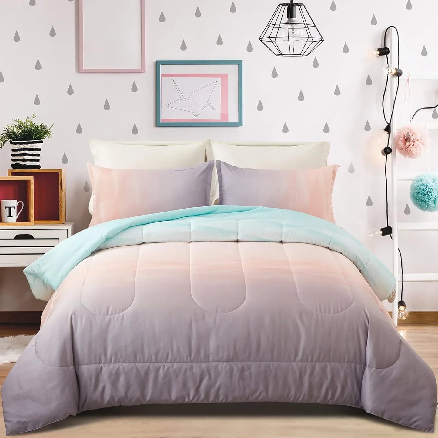 Girls Comforter Set, King Size, Ombre Blue Pink Rainbow 3-Piece Bedding Collection - Mekamart Australia