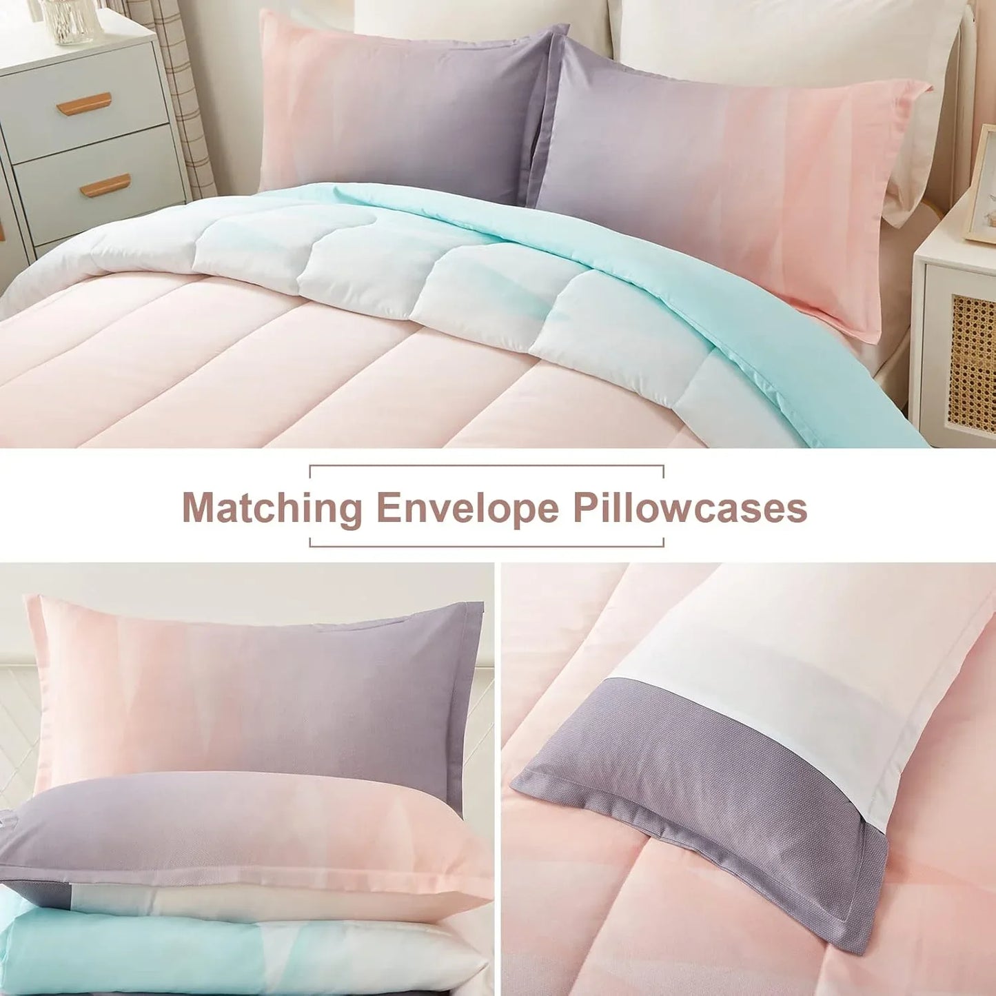 Girls Comforter Set, King Size, Ombre Blue Pink Rainbow 3-Piece Bedding Collection - Mekamart Australia