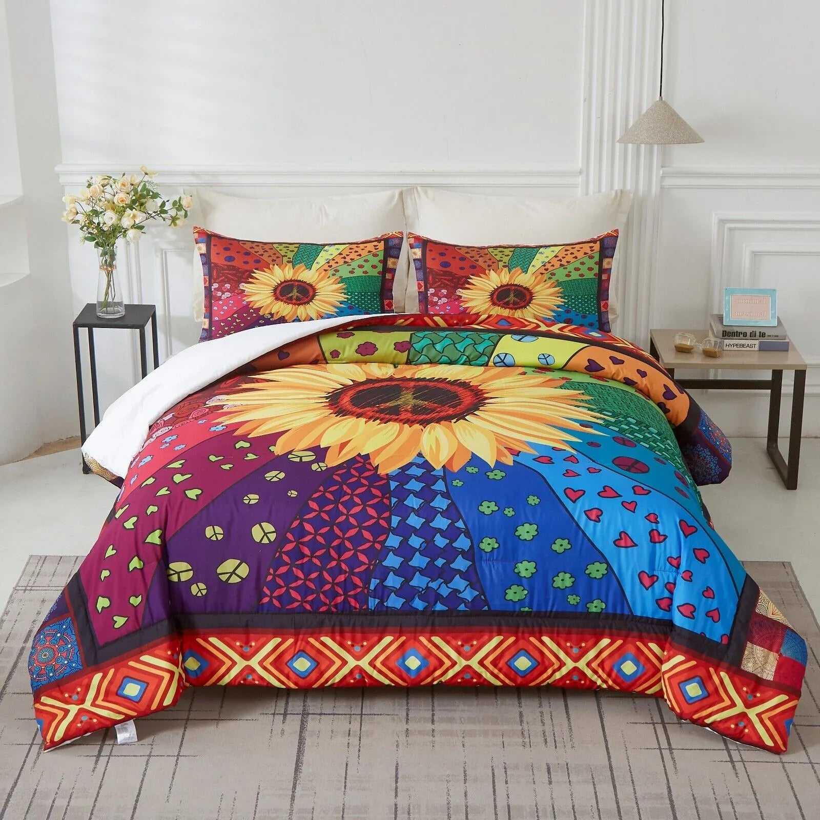 Floral Sunflower Comforter Set, King Size, Quilted Bedding with Pillowcases - Mekamart Australia