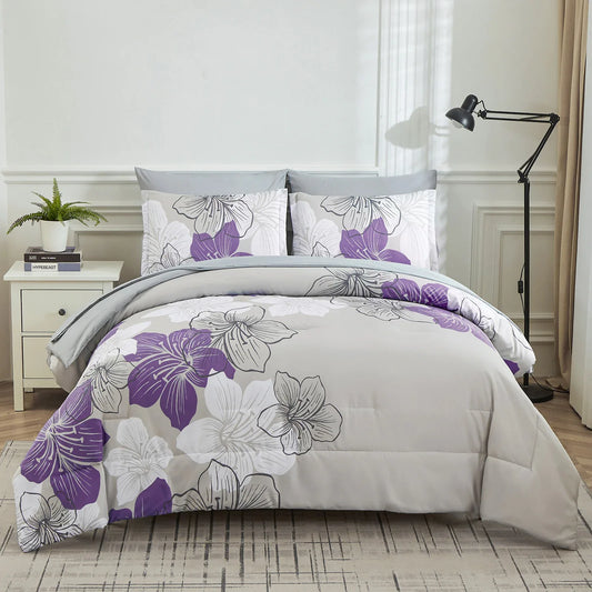 Floral Comforter Set, King Size, Purple Floral 3-Piece Bedding, Lightweight Microfiber - Mekamart Australia