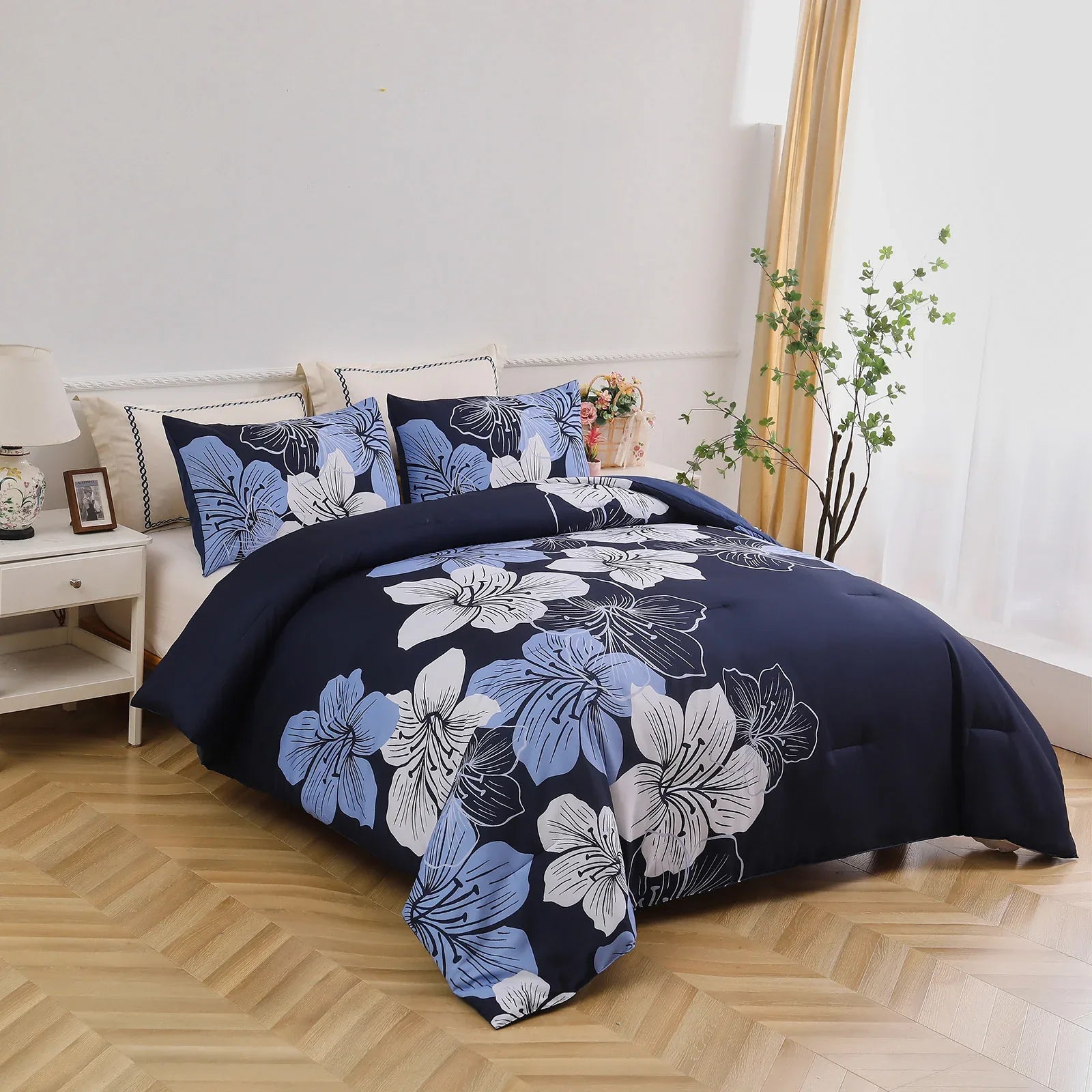 King Comforter Set, Navy Blue Floral 3-Piece Bedding, Soft Microfiber for All Seasons - Mekamart Australia