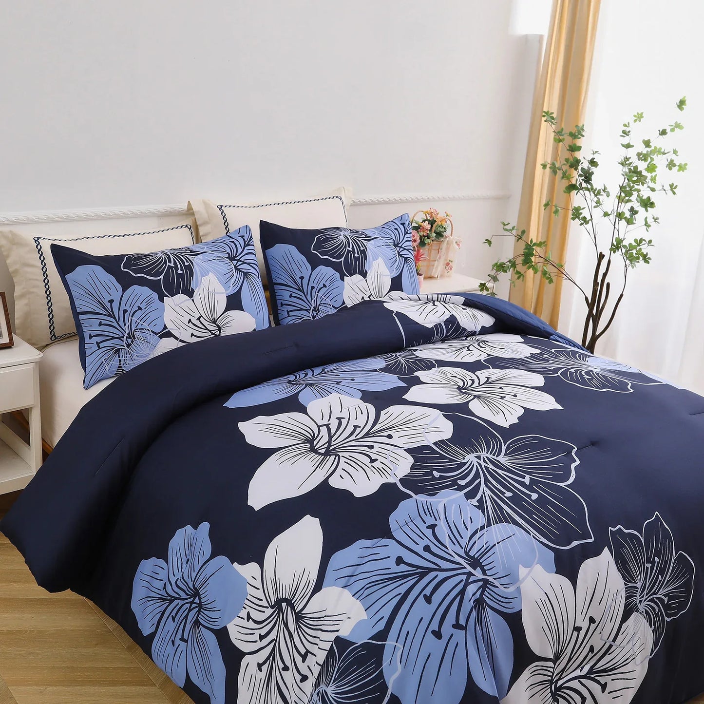 King Comforter Set, Navy Blue Floral 3-Piece Bedding, Soft Microfiber for All Seasons - Mekamart Australia